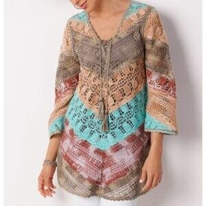 Soft Surroundings Crochet Tunic Womens PXS Woven Chevron Boho Hippie Fest NEW